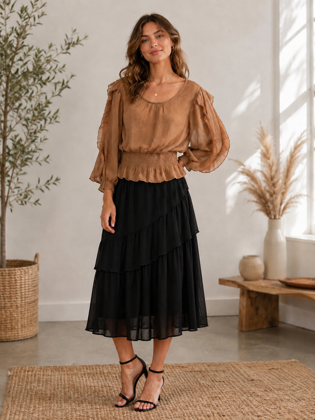 CRINKLE CHIFFON HOLIDAY PEPLUM TOP