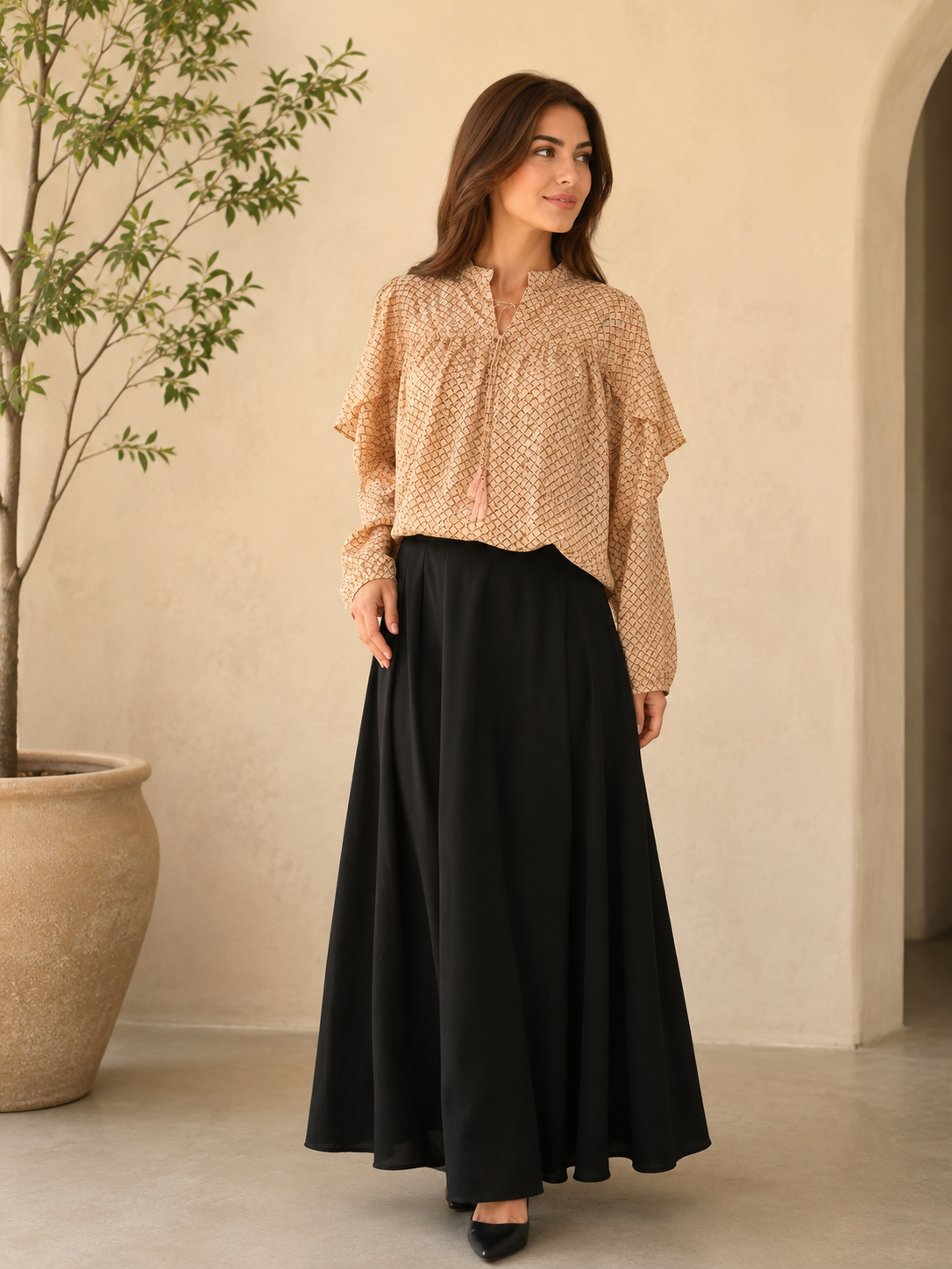 PRINTED CHIFFON BUTTON DOWN BLOUSE