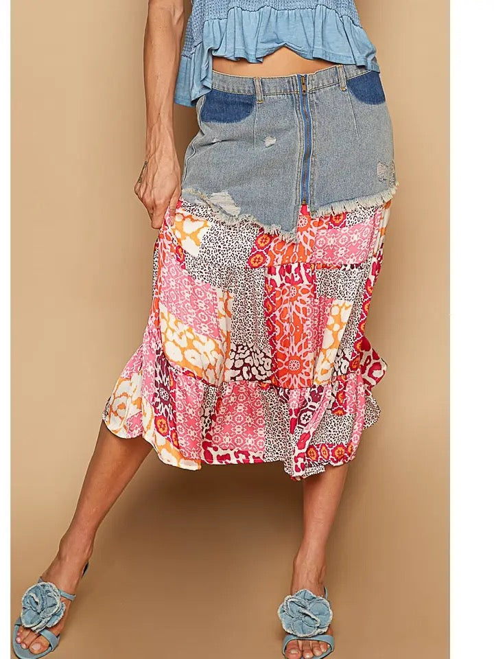 POL Sunset Patchwork Denim Skirt