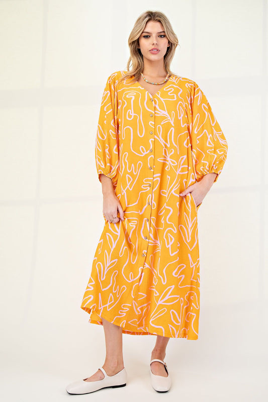 PRINTED PEACH BLOSSOM BUTTON DOWN MAXI DRESS