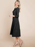 3/4 SLEEVE FIT & FLARE SOLID MIDI DRESS