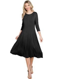 3/4 SLEEVE FIT & FLARE SOLID MIDI DRESS