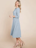 3/4 SLEEVE FIT & FLARE SOLID MIDI DRESS