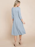 3/4 SLEEVE FIT & FLARE SOLID MIDI DRESS