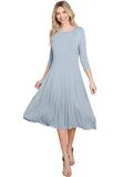 3/4 SLEEVE FIT & FLARE SOLID MIDI DRESS