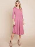3/4 SLEEVE FIT & FLARE SOLID MIDI DRESS
