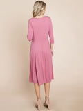 3/4 SLEEVE FIT & FLARE SOLID MIDI DRESS