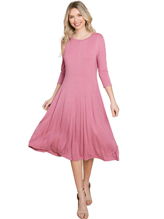3/4 SLEEVE FIT & FLARE SOLID MIDI DRESS