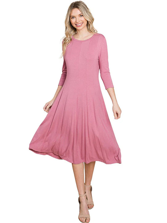 3/4 SLEEVE FIT & FLARE SOLID MIDI DRESS