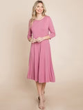 3/4 SLEEVE FIT & FLARE SOLID MIDI DRESS