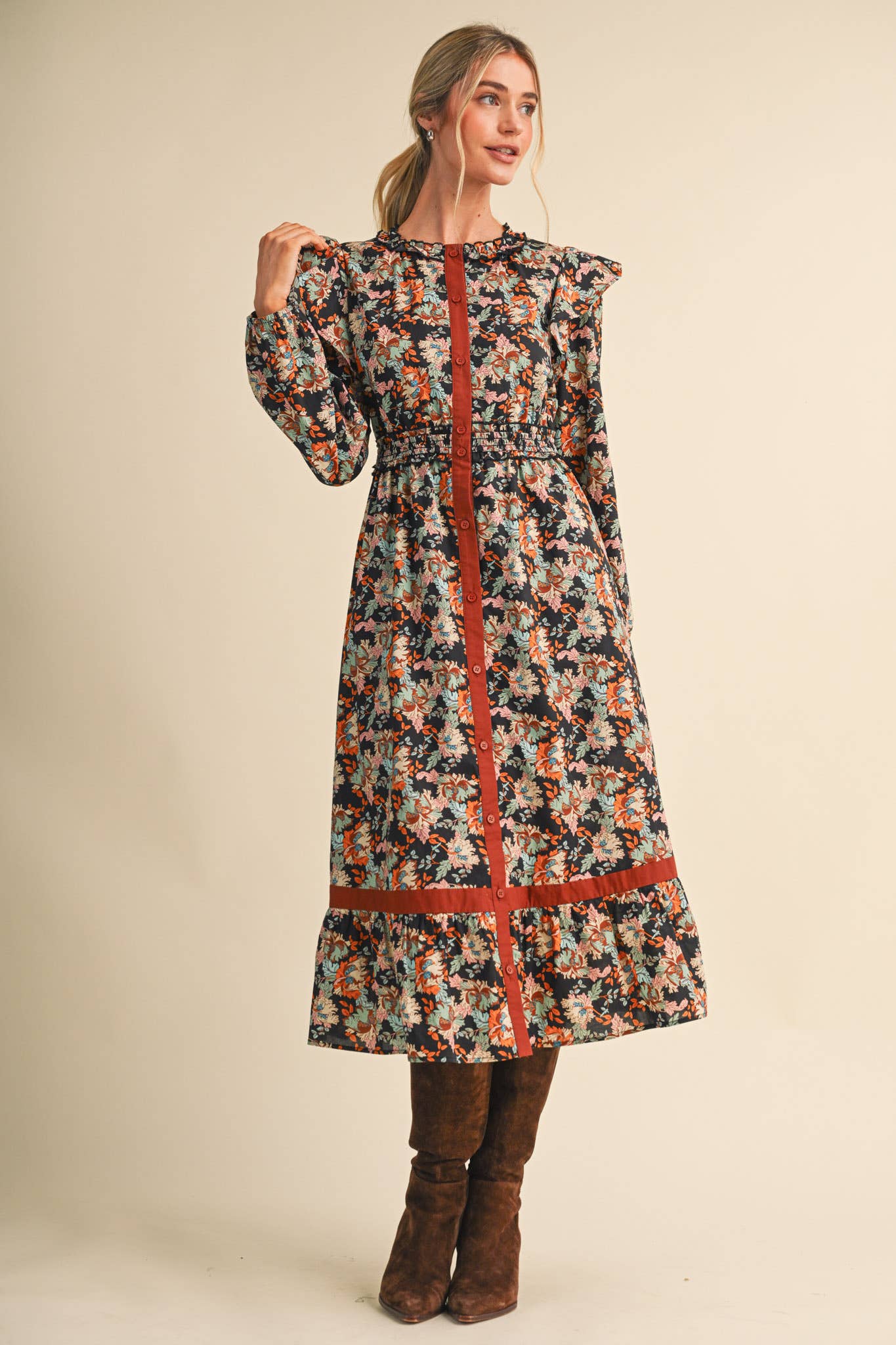 FLORAL BUTTON DOWN CONTRAST BINDING MIDI DRESS MDR5246