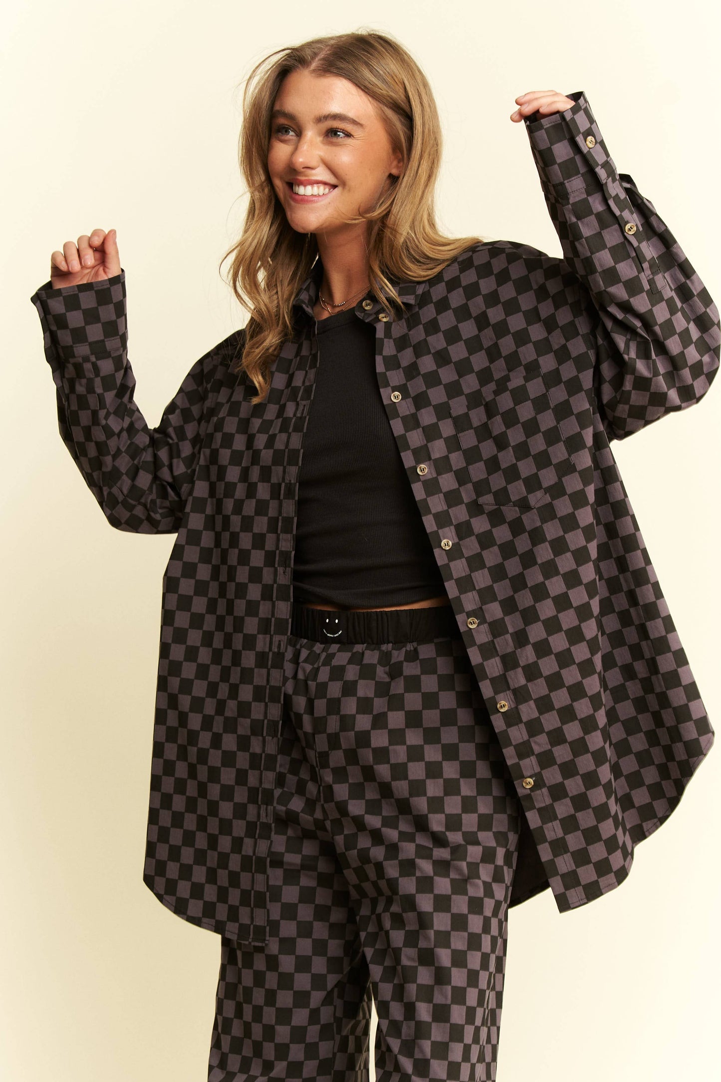 PLUS SIZE COLLARED LONG SLV CHECKERD BUTTON DOWN SHIRT