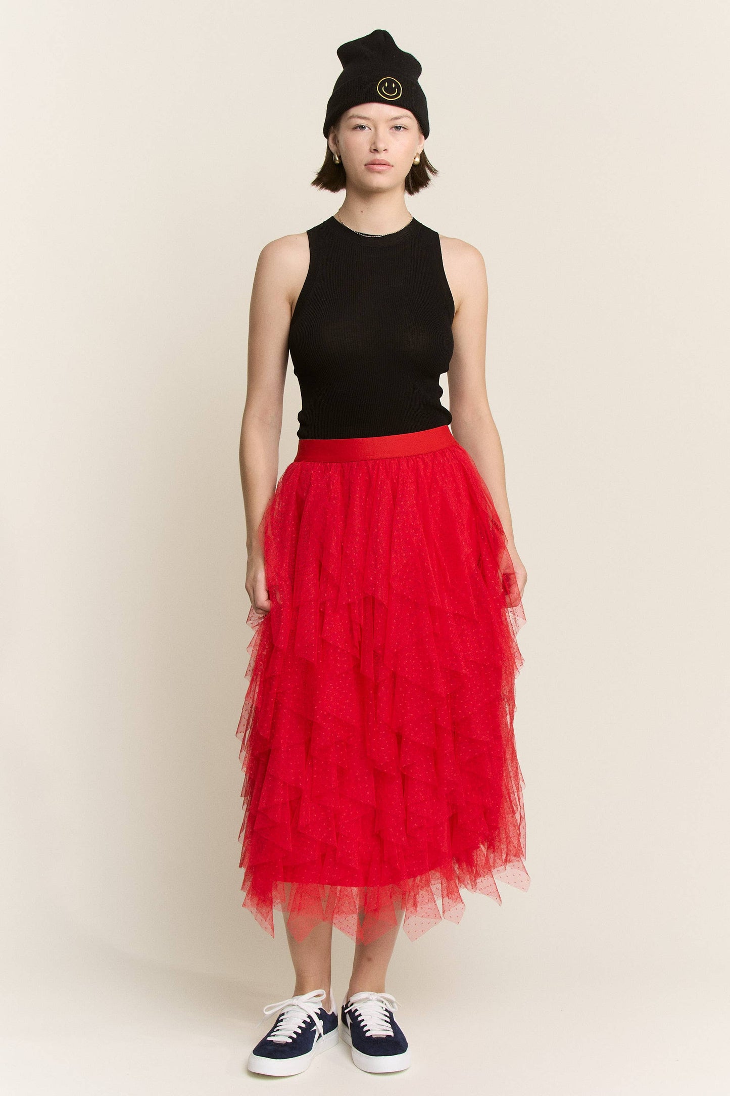Layered Polka Dot Mesh Lined A-Line Midi Skirt JJB6007