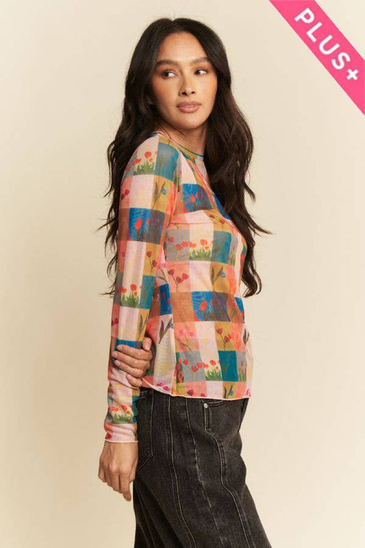 PLUS MULTI CHECKER FLORAL PRINTED MESH TOP