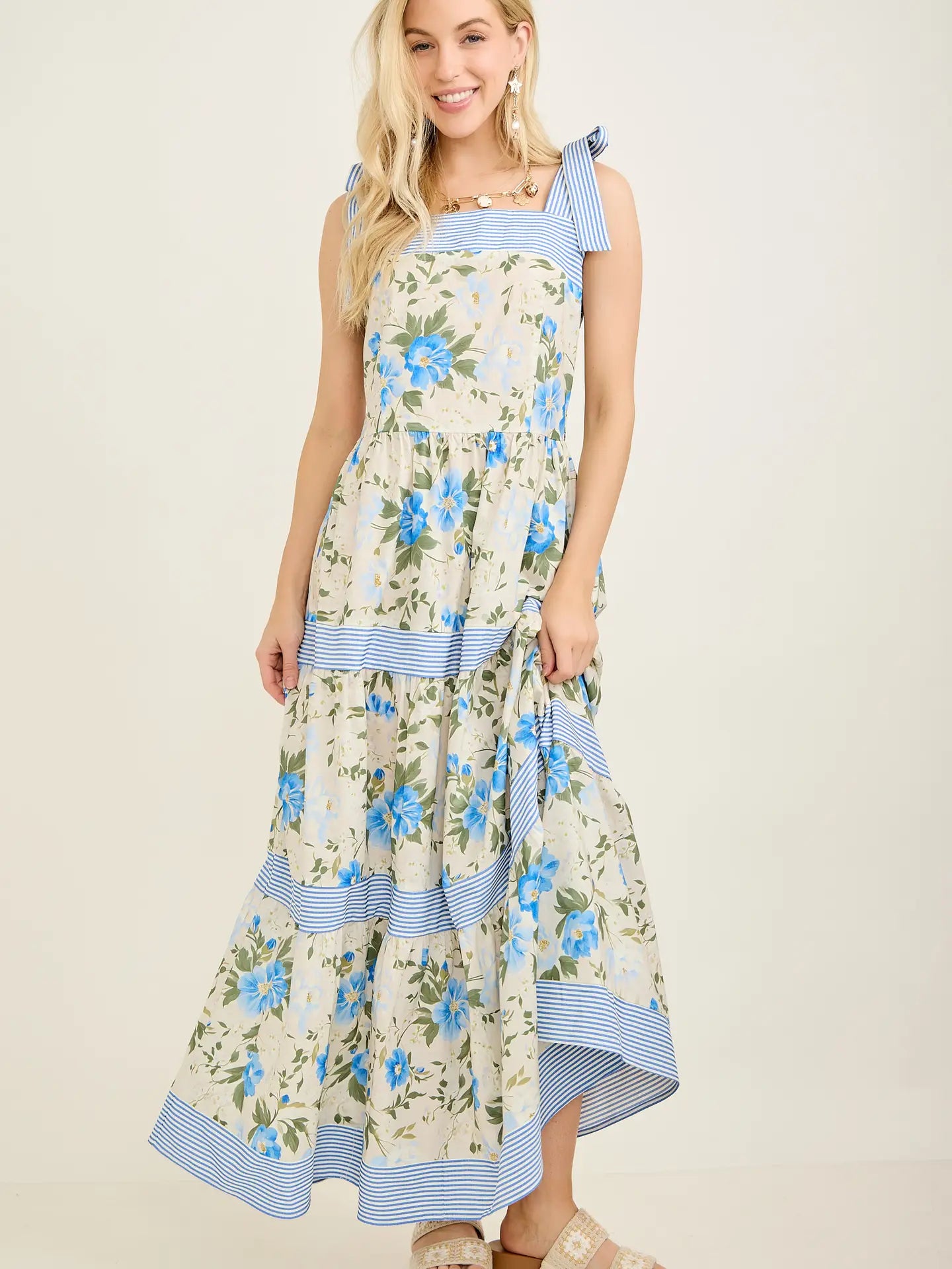 Blue Floral Stripe Trim Tiered Maxi Dress