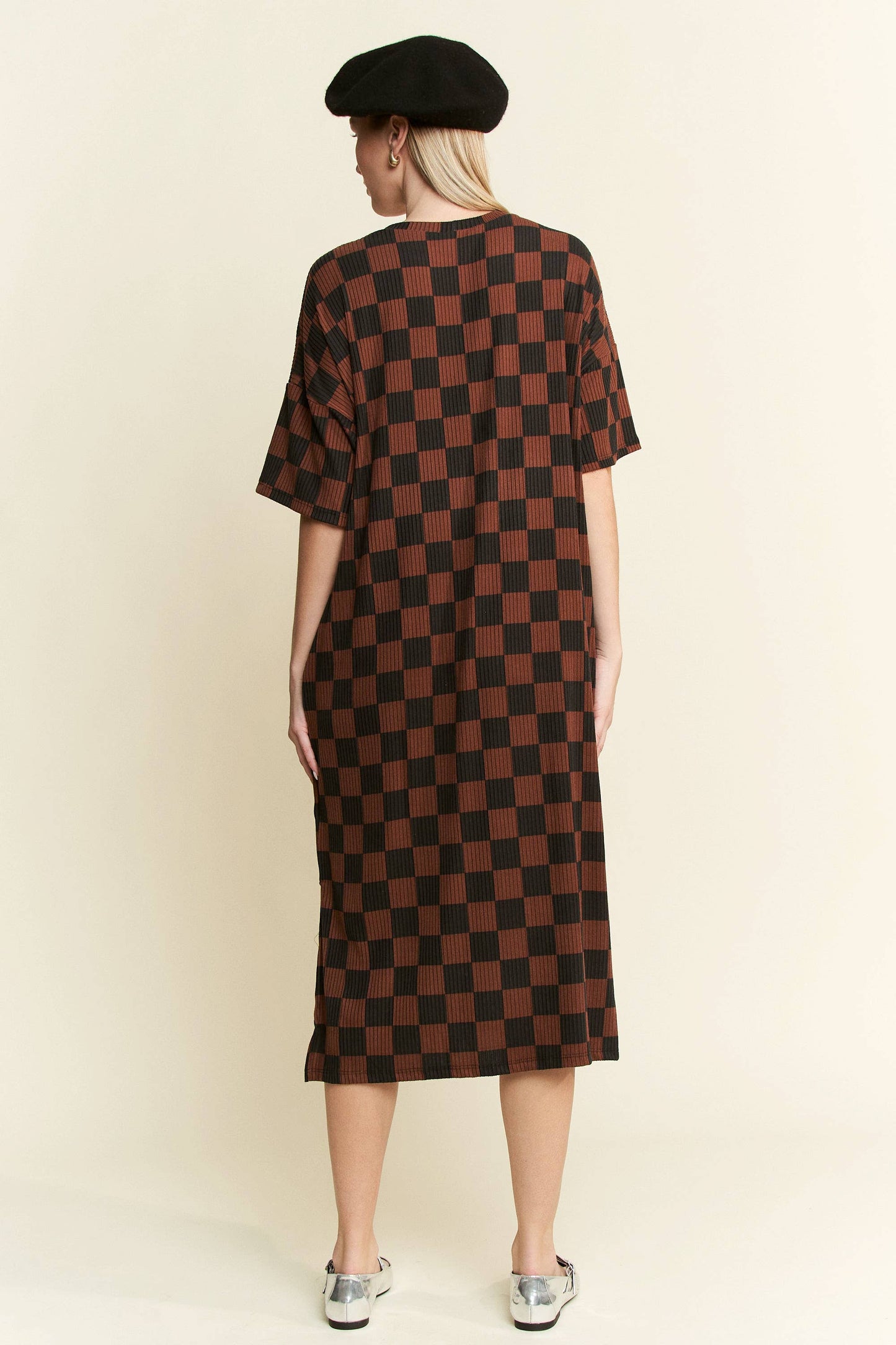 1/2 SLEEVE RIBBED CHECKERBOARD MIDI DRESS