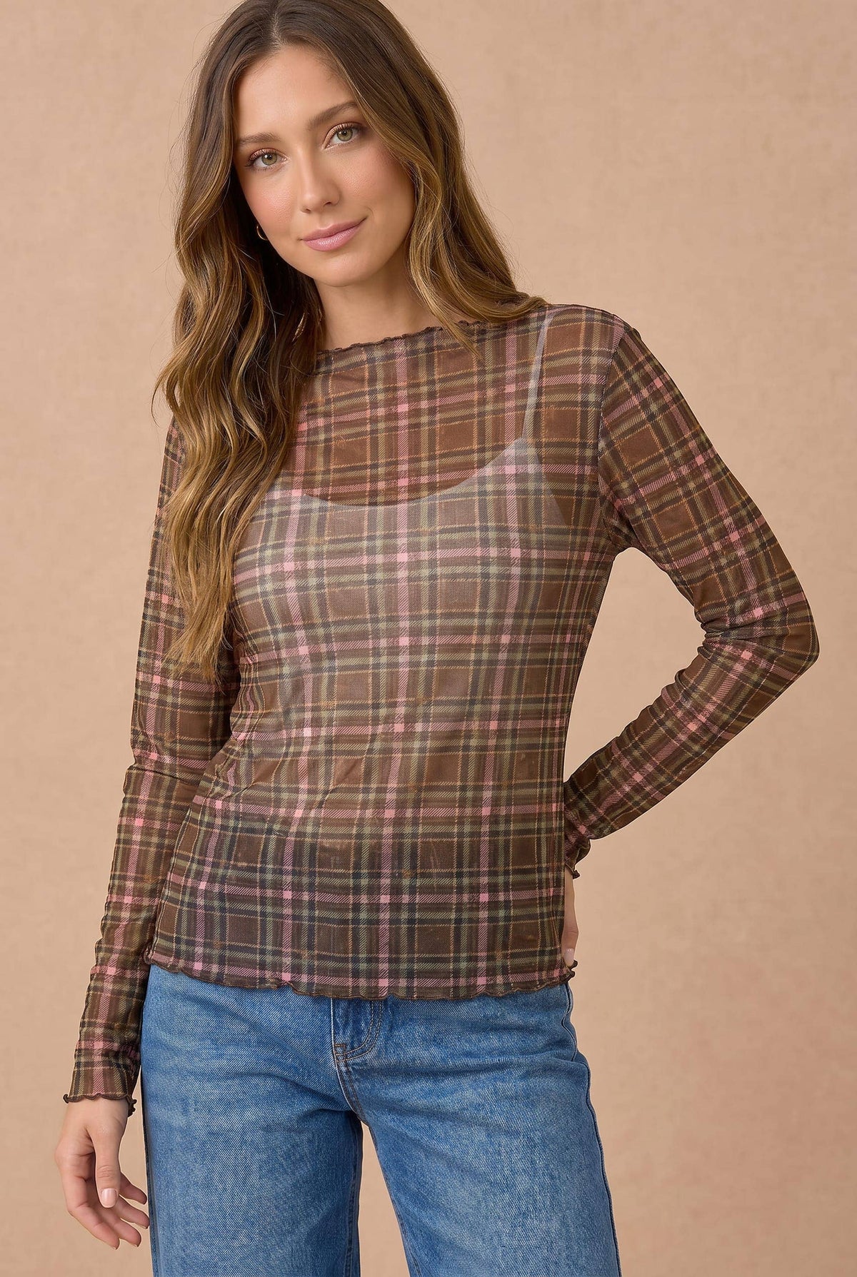 Plus Plaid Mesh Sheer Top