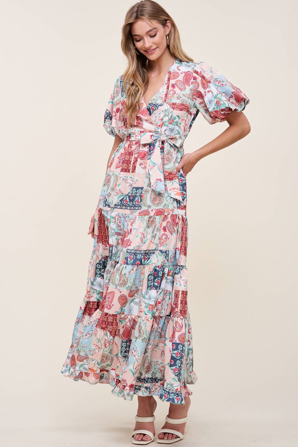 PRINTED V NECK DRESS WITH SELF TIE BOW