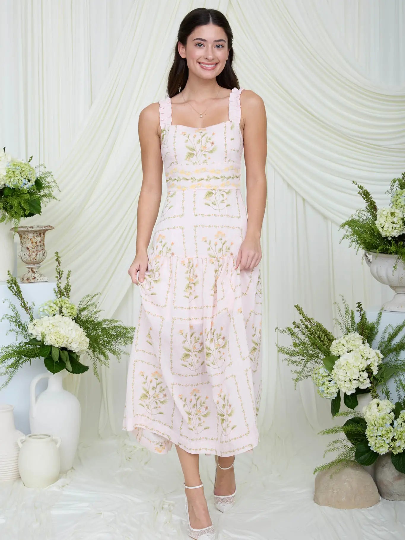 Pink Floral Drop Waist Midi Dress