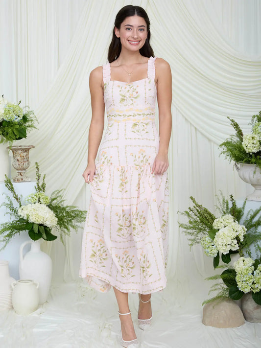 Pink Floral Drop Waist Midi Dress