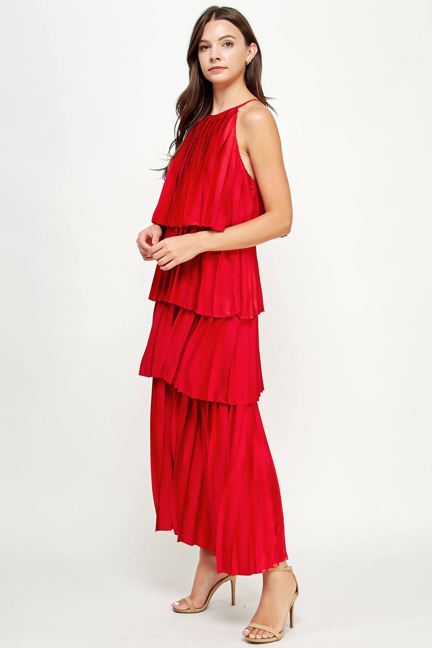 Pleated Satin Tiered Maxi Dress