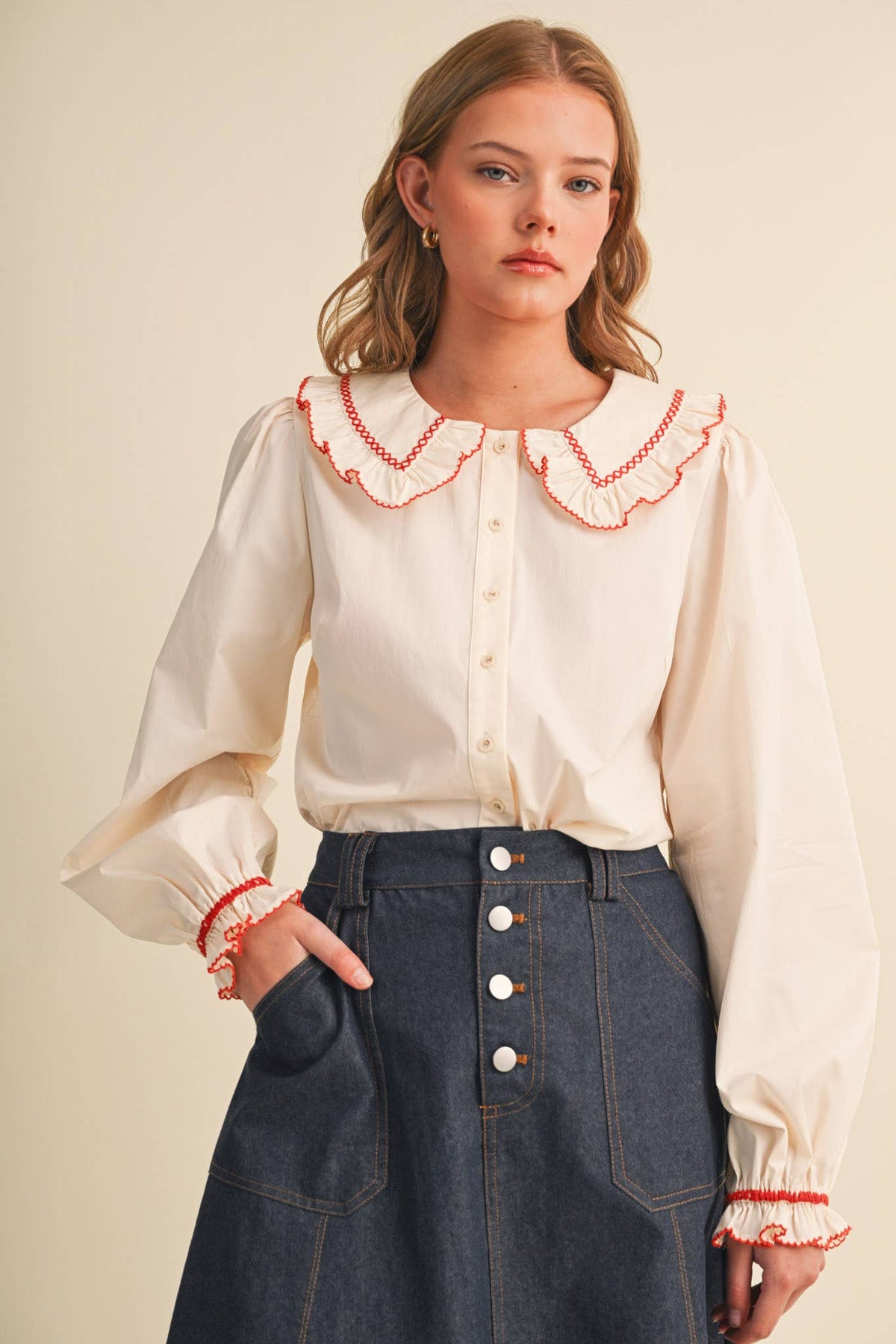 EMBROIDERED RUFFLED DOLL COLLAR BUTTON UP TOP MTP5154
