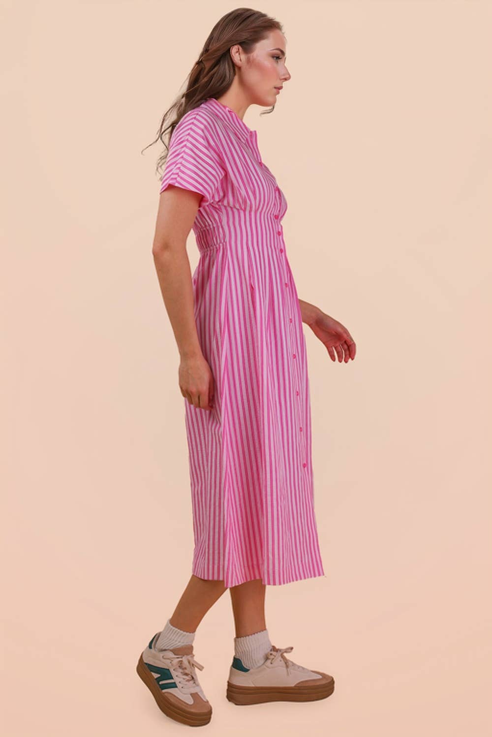 Stripe Waist Pleated Midi Shirt Dres