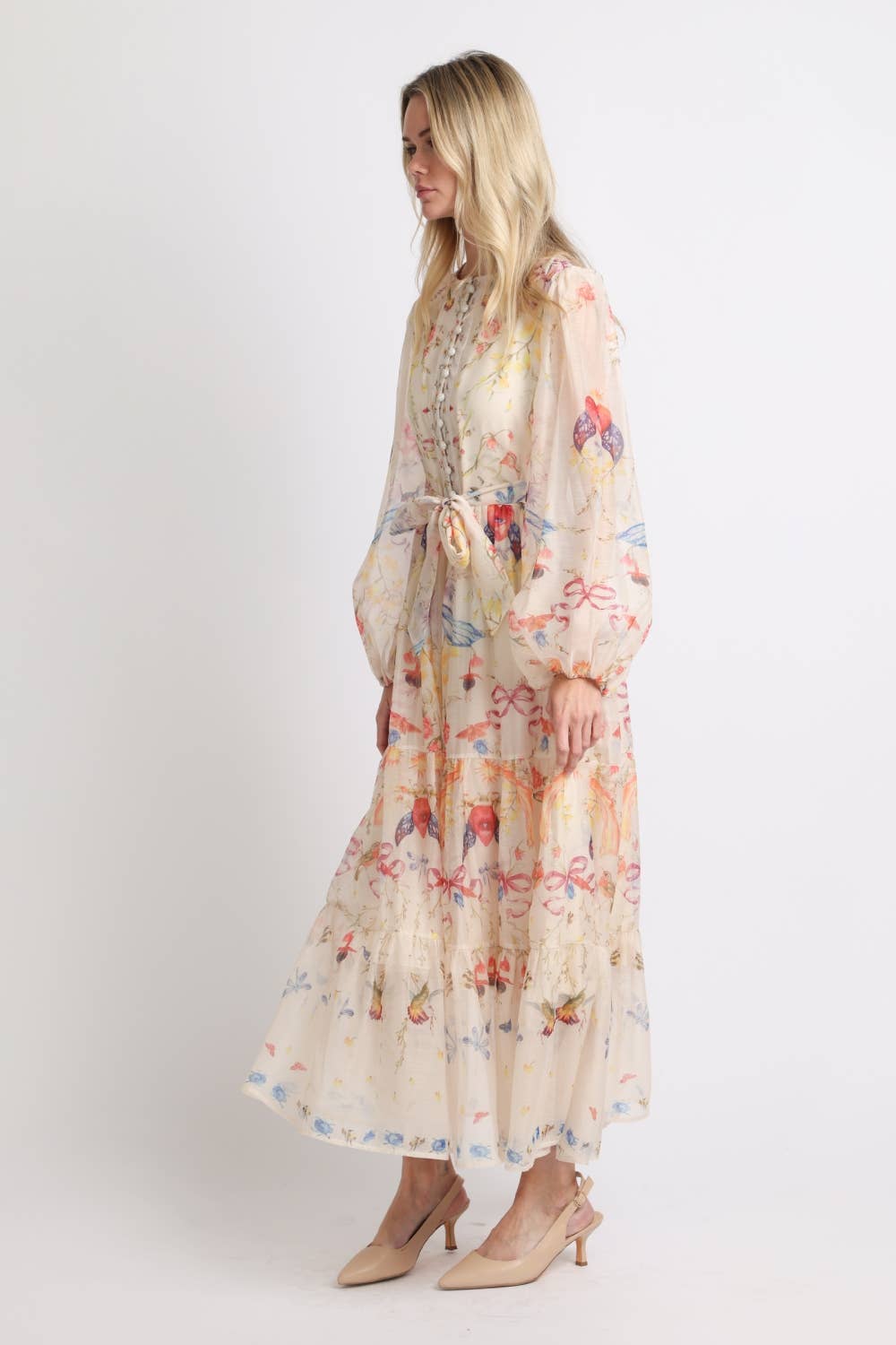 Multicolor Print Sheer Maxi Puff Dress