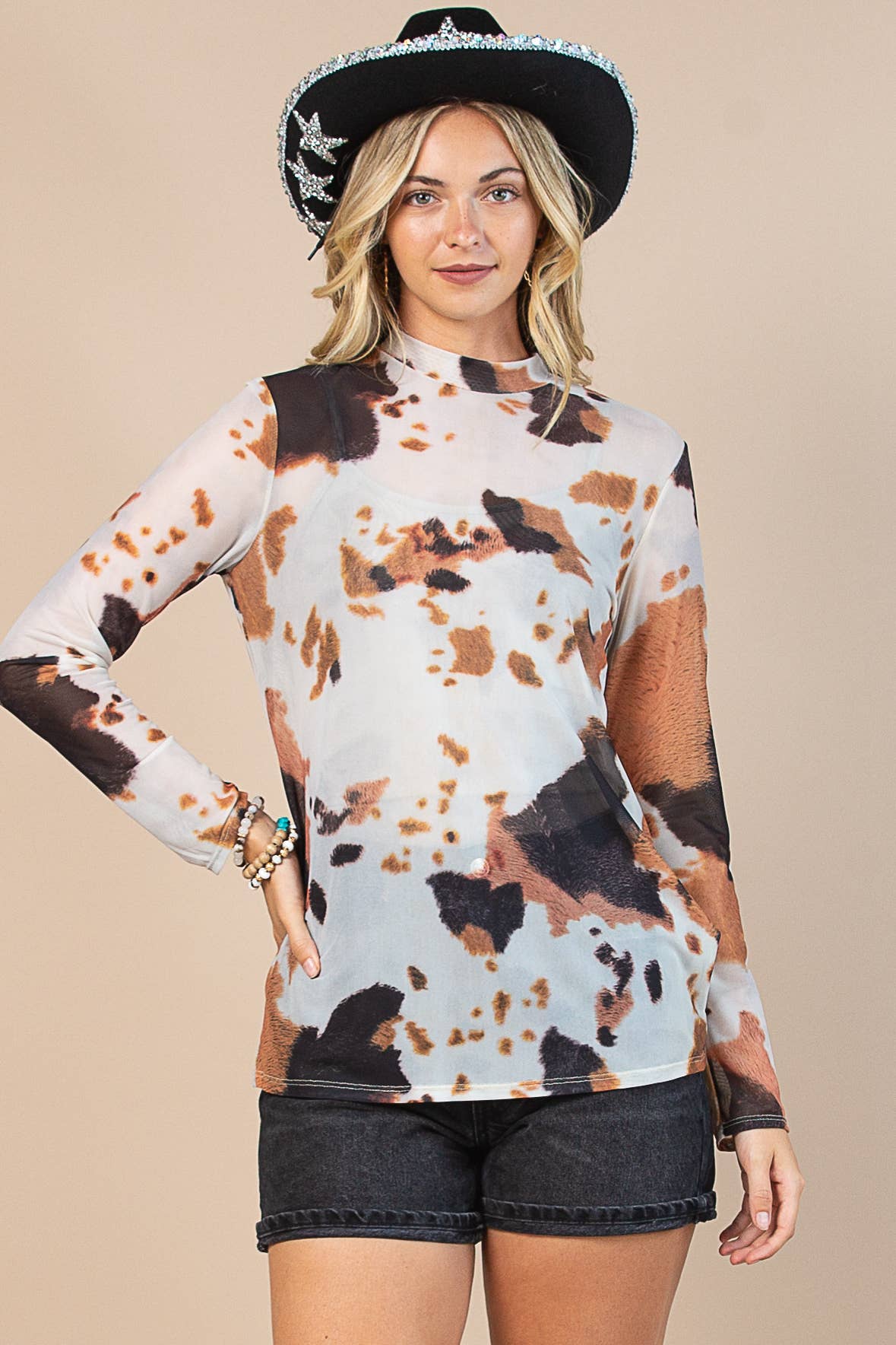 AV1230-LEILA COW PRINT SEMI SHEER MESH TOP