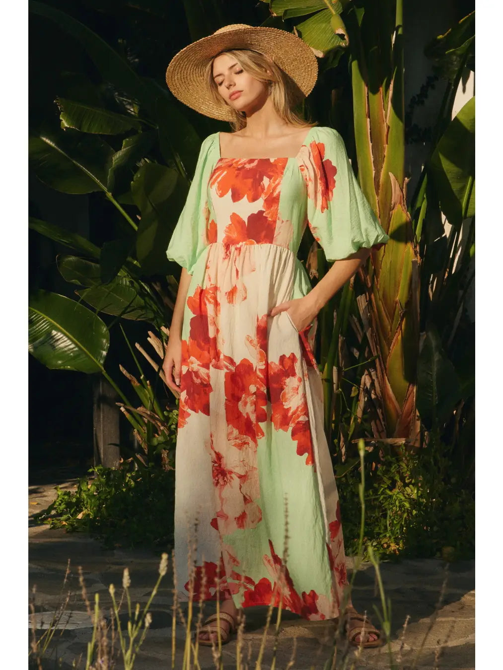 Pistachio Multi-colored Big Floral Printed Maxi Dress