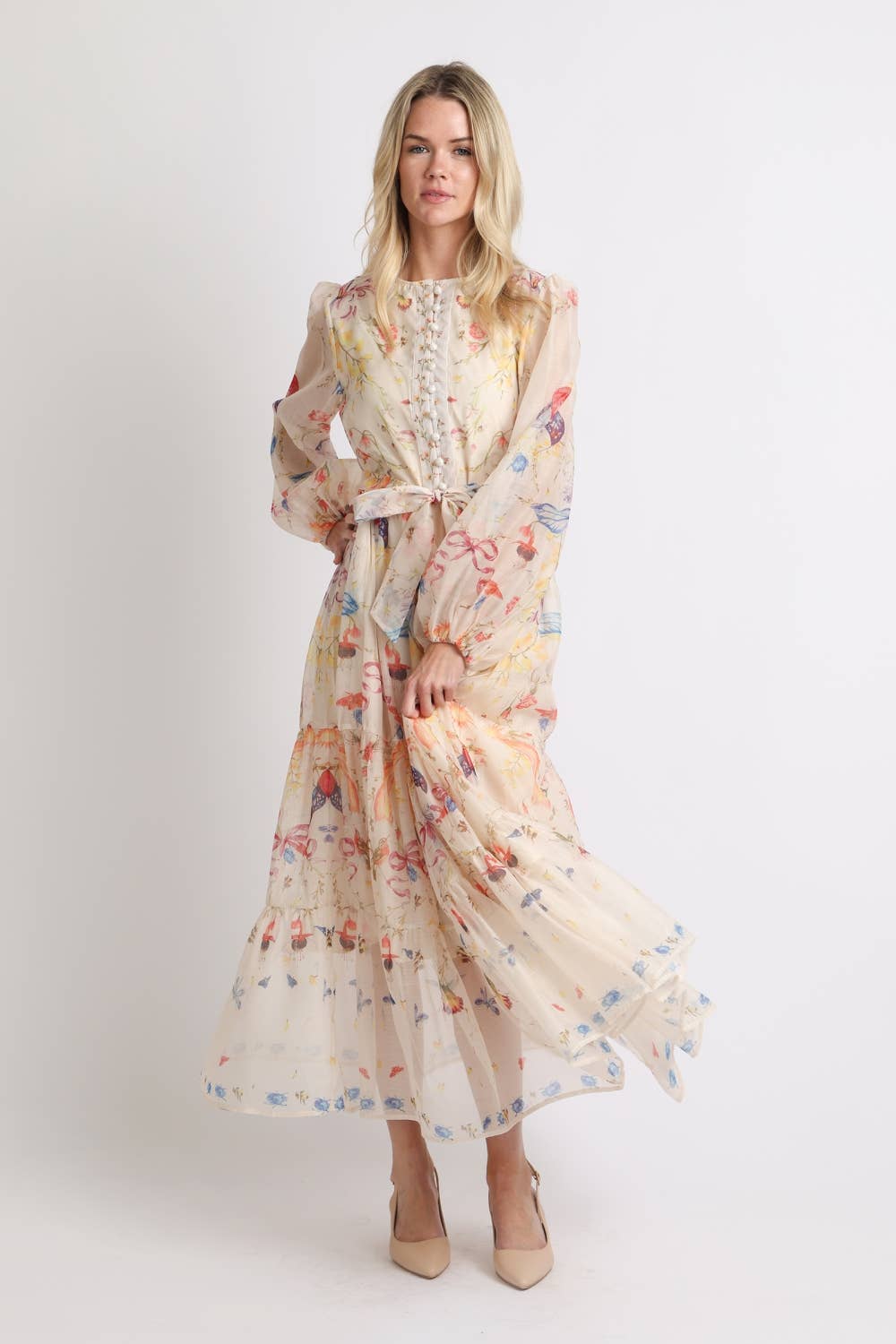 Multicolor Print Sheer Maxi Puff Dress