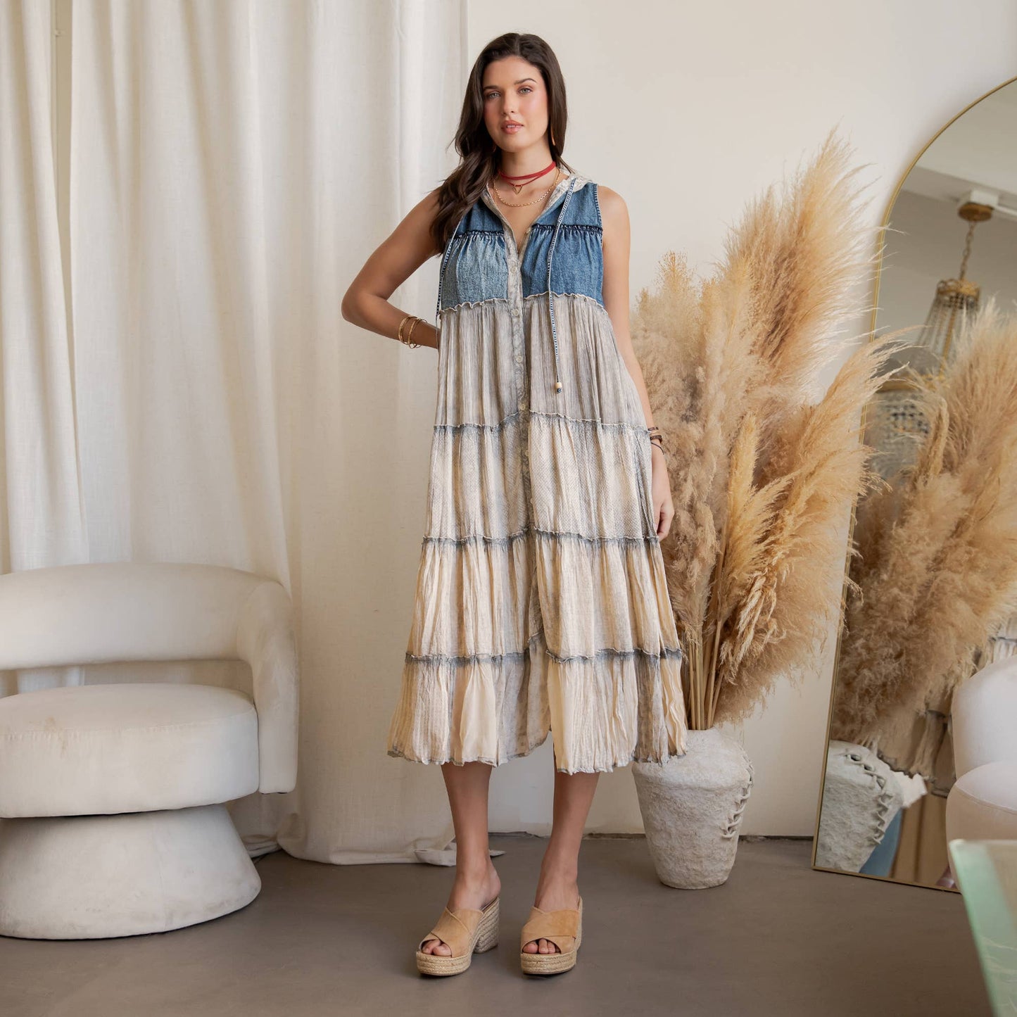 Boho Tiered Sleeveless Maxi Button