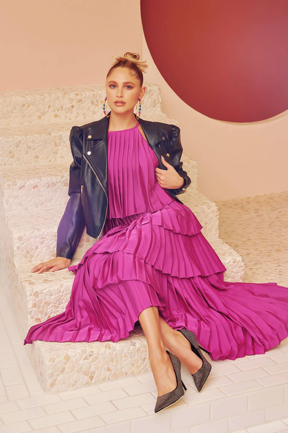Pleated Satin Tiered Maxi Dress