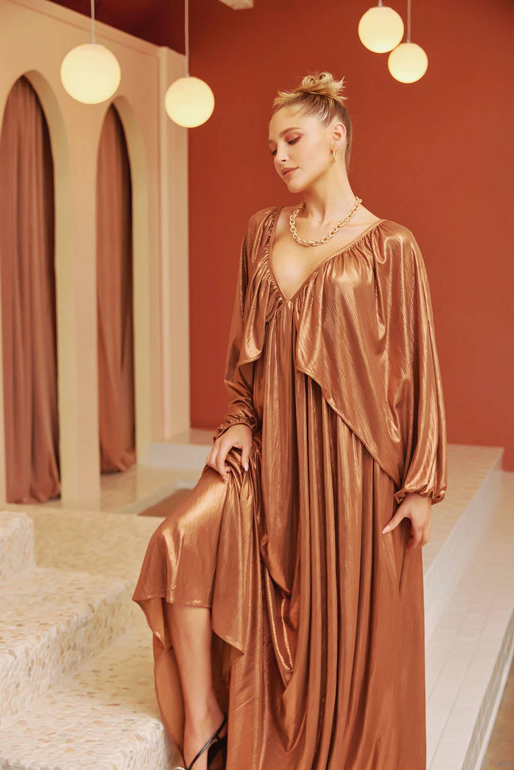 Shirred Metallic Maxi Dress