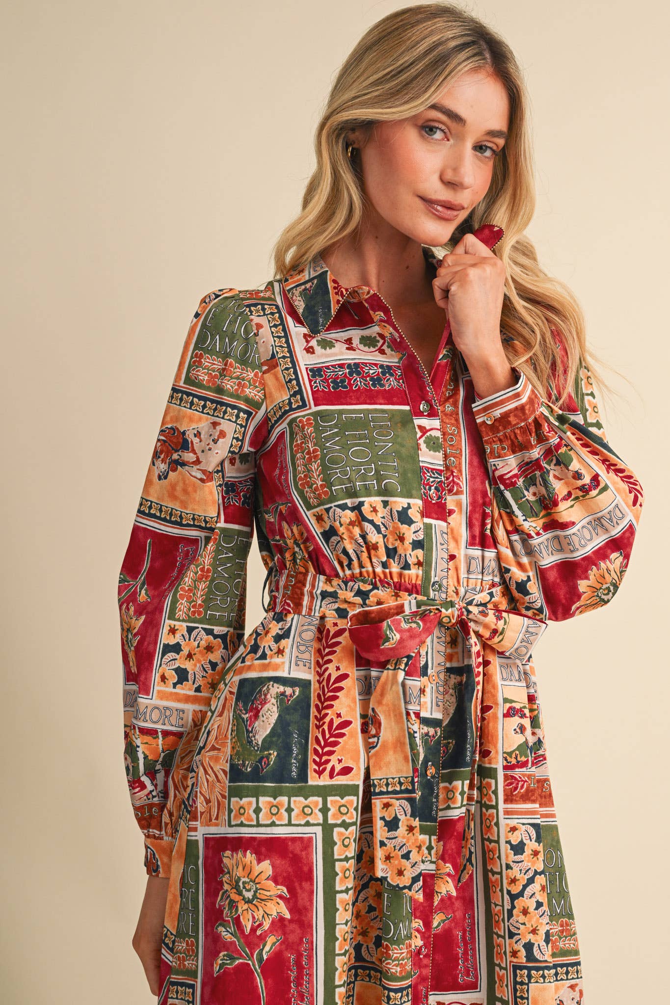 PATCHWORK PRT EMBELLISHED BUTTON DWN BELTED MIDI DRS MDR5359