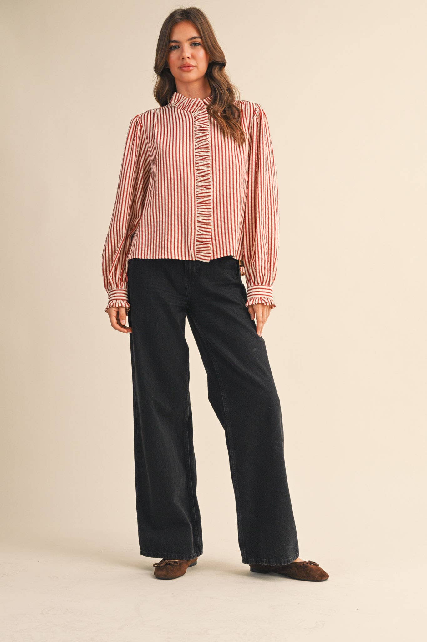 STRIPED RUFFLED BUTTON DOWN LONG SLEEVE TOP MTP4319