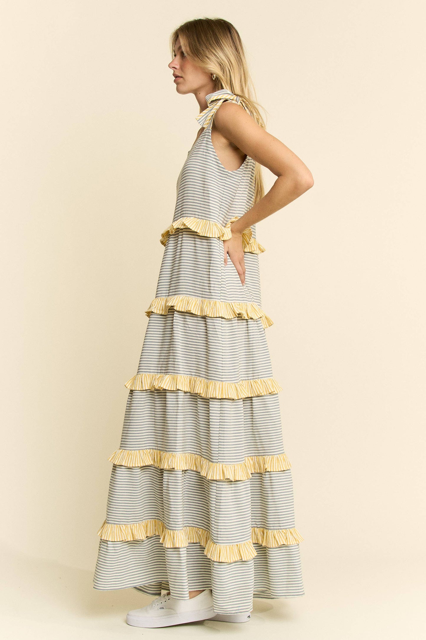 STRIPED TWO TONE TIERED MAXI DRESS