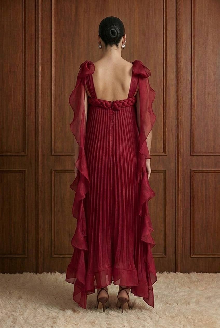 Braided Plissé Ruffle Trapeze Maxi Dress