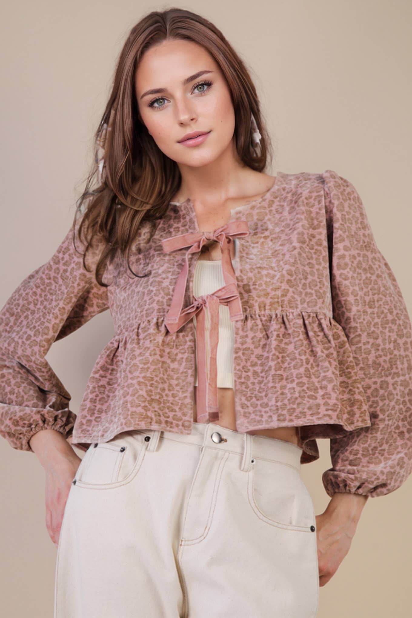 Leopard Printed Front Tie Woven Blouse Top