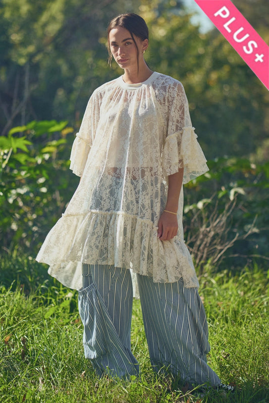 Sheered Lace Tiered Sleeve Flowy Tunic Top