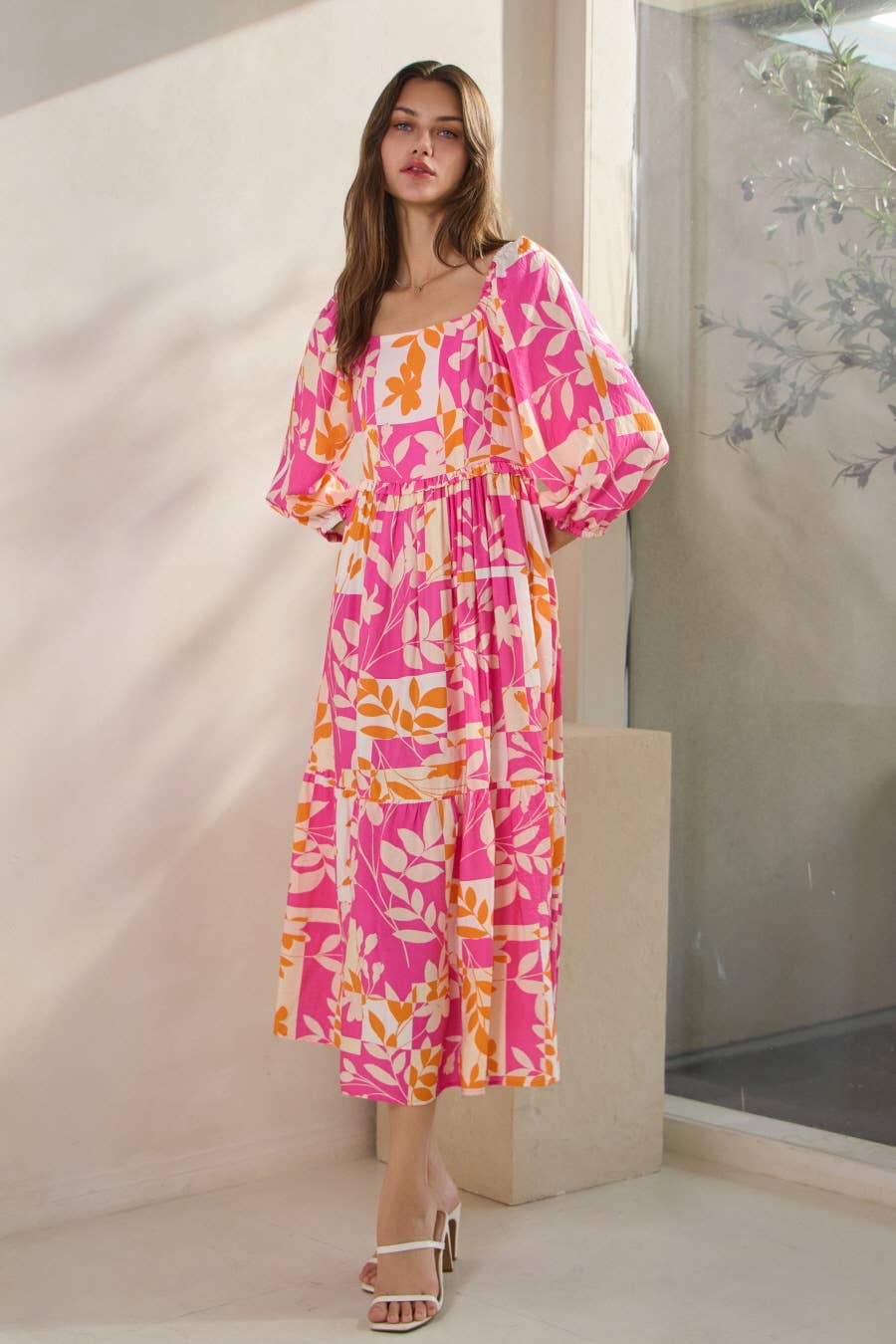 Plus Geo Floral Printed Tired Midi Dress