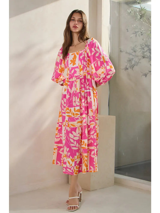 Plus size Geo Floral Printed Tired Midi Dress