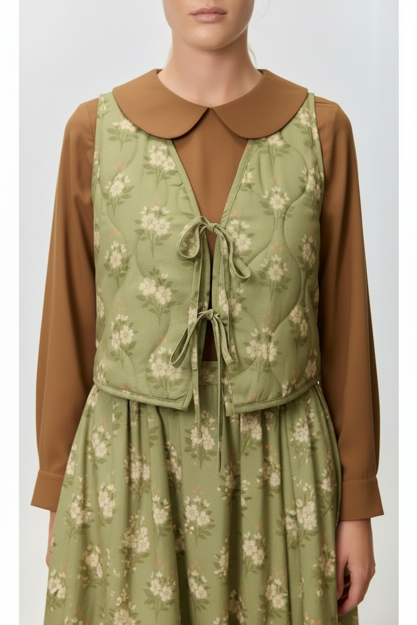 Sage Green Floral Two-Piece Set Vest