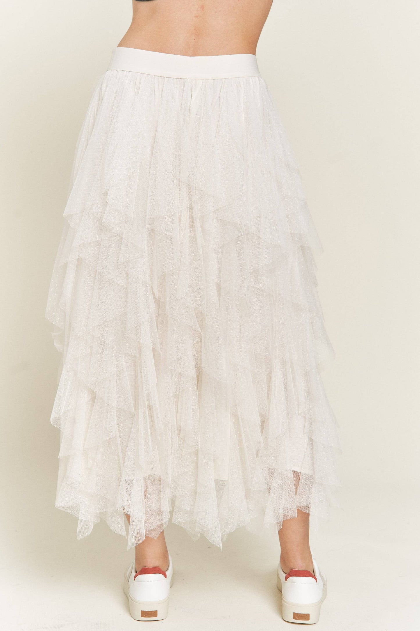 Layered Polka Dot Mesh Lined A-Line Midi Skirt JJB6007