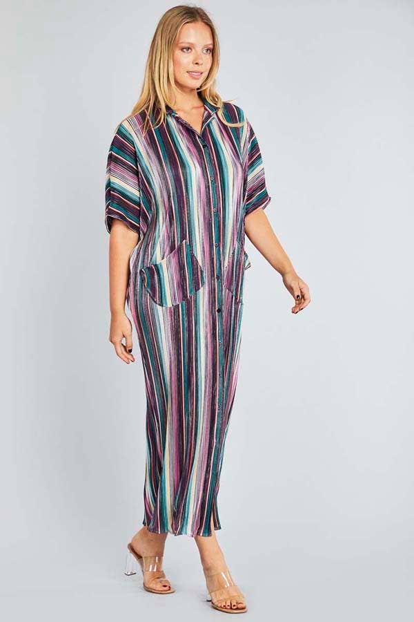 PLEATED METALLIC SOFT DRESS WITH POCKETS