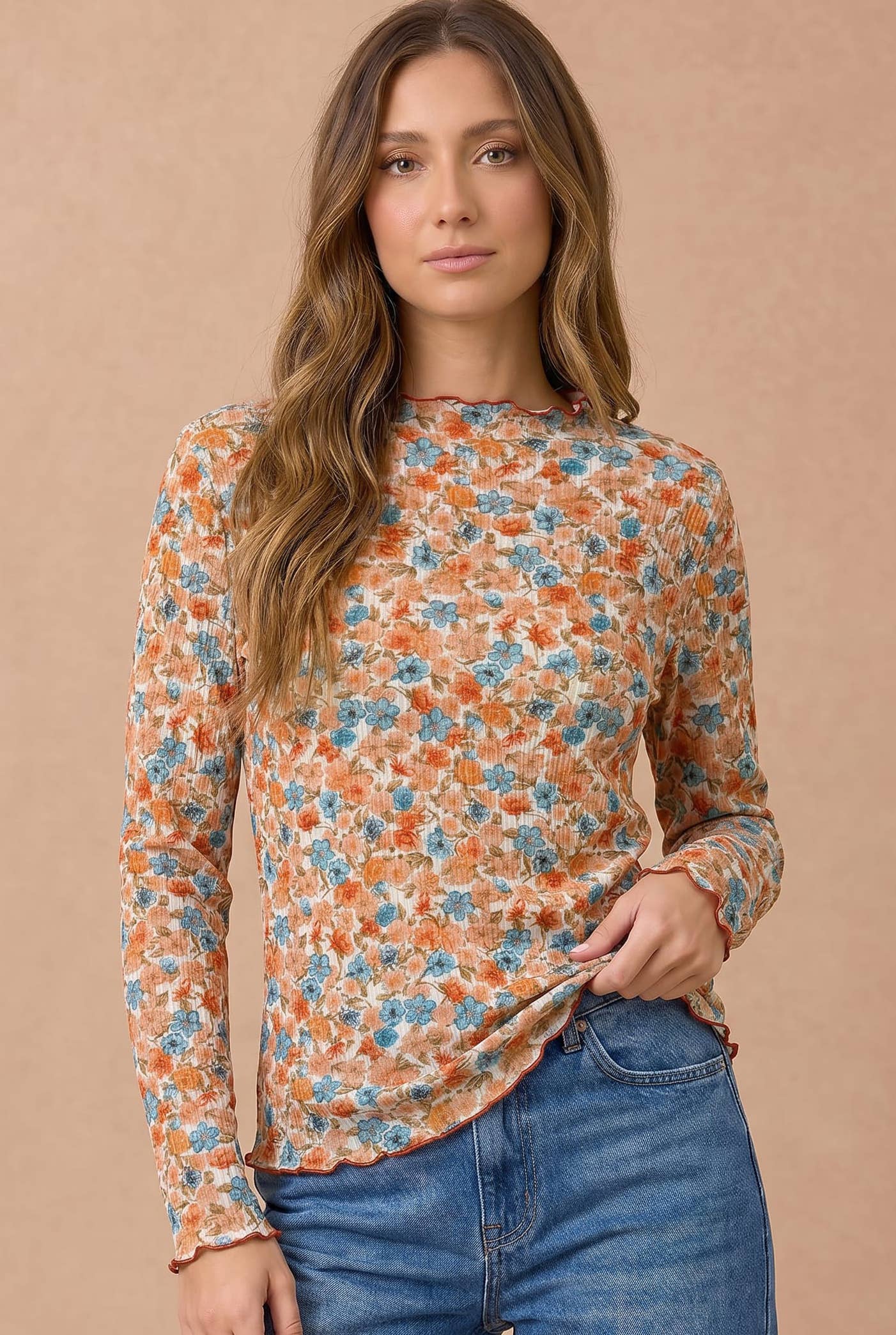 Plus Mock Neck Frilled Floral Print Rib Knit Top