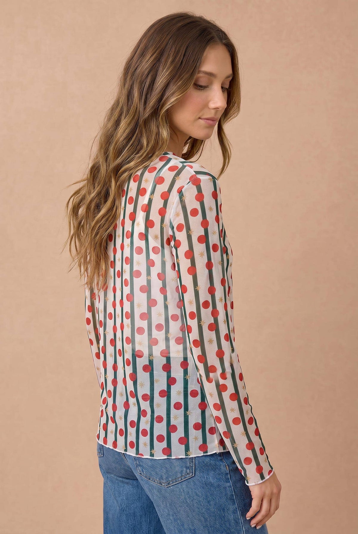 Christmas Star, Dot and Stripe Mesh Top