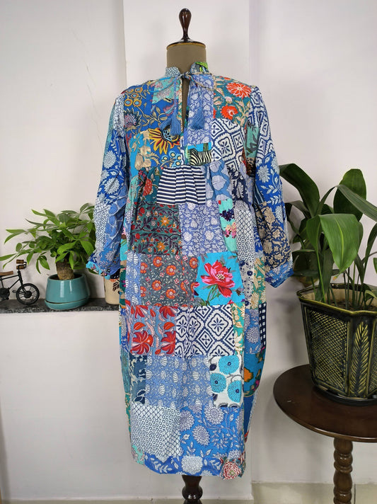 BLUE SHADES - Hand Patchwork Cotton Dress OneSize