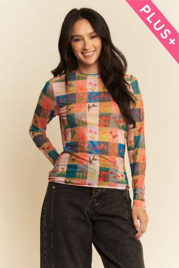 PLUS MULTI CHECKER FLORAL PRINTED MESH TOP