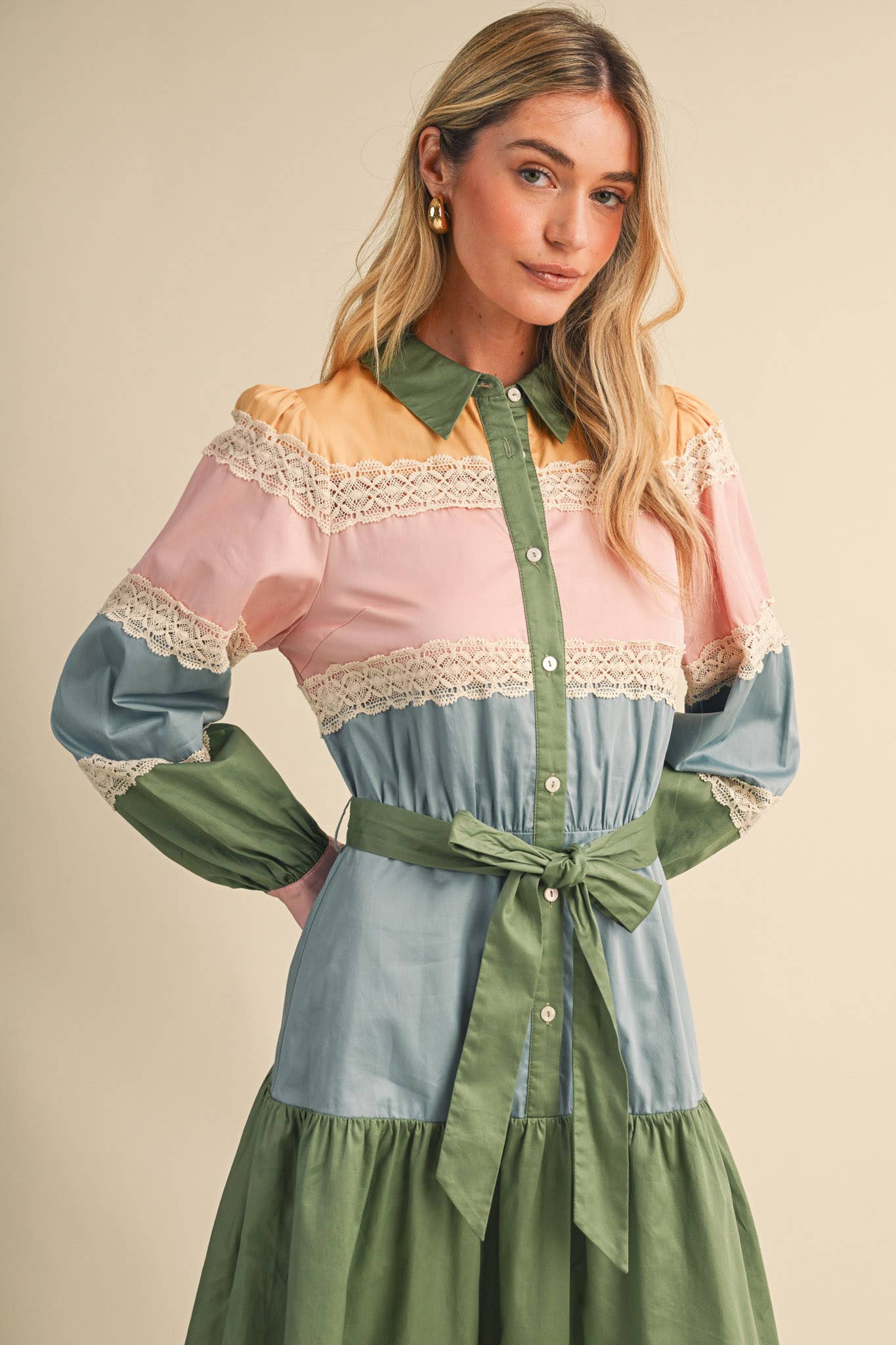 TIERED COLOR BLOCK LACE TRIM BUTTON UP MIDI DRESS MDR5266